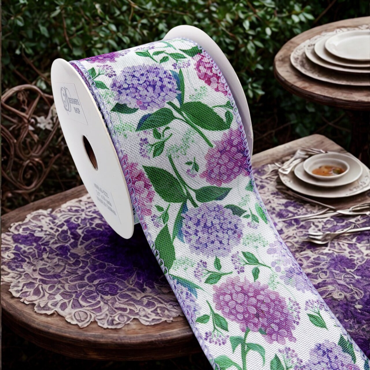 Designer’s Shop Purple Hydrangea Floral Wired Ribbon, 2.5 Inch x 10 Yards – White Linen-Style Ribbon with Lavender & Lilac Flowers. WR 63-5232